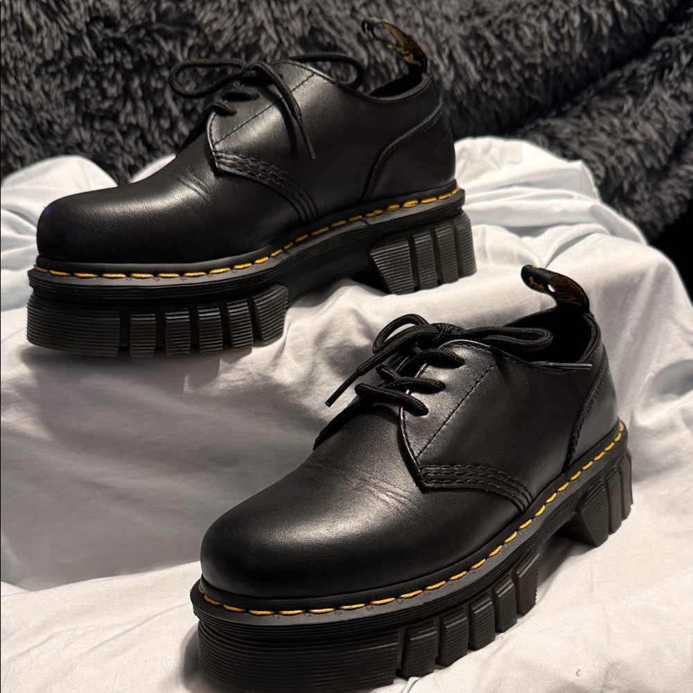 Dr. Martens Black Platform Lace-Up Shoes with Yellow Stitching